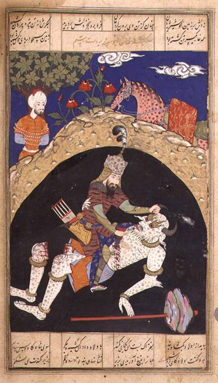 Rustam slays the White Div of Mazandaran, illustration from the 'Shahnama' (Book of Kings), by Abu'l von Indian School
