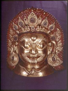 Head of Bhairava, embossed copper, painted and gilded, probably Nepalese late 17th