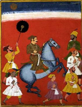 Maharana Raj Singh I of Mewar (reg. 1652-80) Riding, Udaipur (Mewar) Rajasthan c.1670 (go