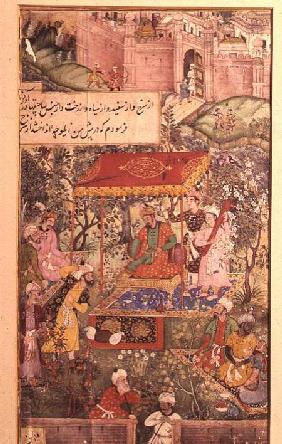 The Mogul Emperor Basar receives the envoys Uzbeg and Rauput in the garden at Agra on 18th December