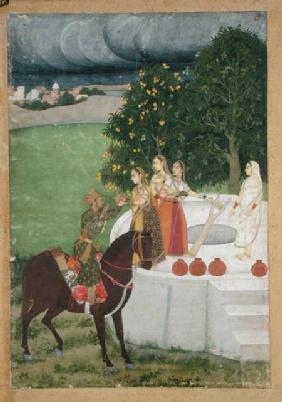 A mounted Prince receiving water from ladies at a well, miniature from Murshidabad c.1760