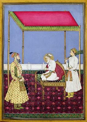 The Emperor Aurangzeb in old age seated on a throne, miniature from a Muraqqa album, early eighteent