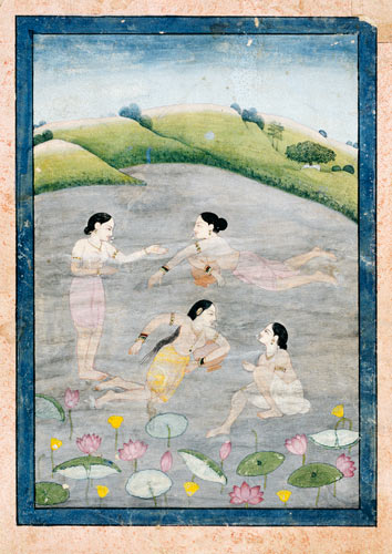 The Wives Of Raga Hindola Swimming In A Lake With The Aid Of Pitchers, The Foreground With Waterlili von Indian School