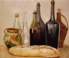 Stilleben mit Flaschen und Brot von Ingeborg Kuhn