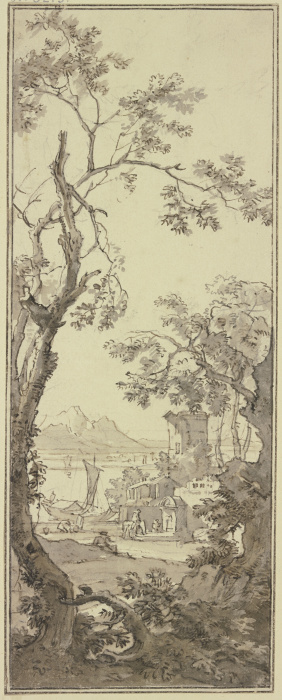 Aussicht auf einen Fluss an welchem Gebäude und ein Brunnen stehen, ein Reiter tränkt sein Pferd von Isaac de Moucheron