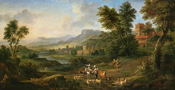 Drovers and Shepherdesses in an Idyllic Pastoral Landscape von Isaac de Moucheron