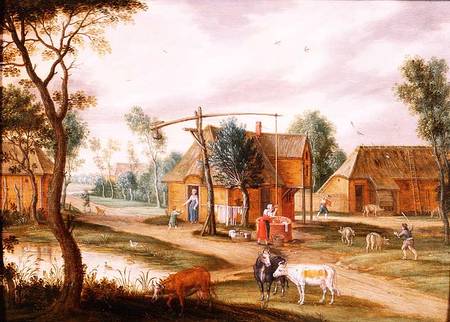 A village landscape with a woman drawing water from a well (panel) von Isaak van Oosten