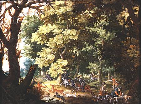 A Wooded Landscape with Hunters and Hounds (oil on copper) von Isaak van Oosten