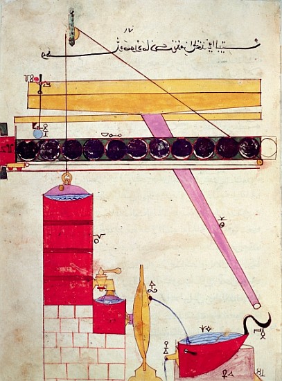 Device for supplying water to a fountain, from ''Book of Knowledge of Ingenious Mechanical Devices'' von Islamic School