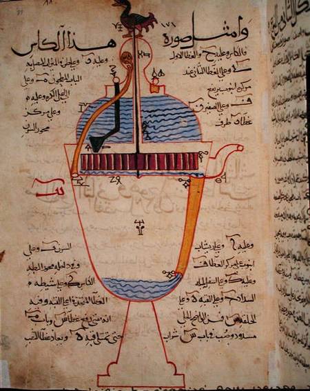 Mechanical device for pouring water, illustration from the 'Treatise of Mechanical Methods', by Al-D von Islamic School