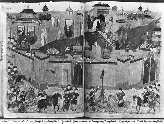 Ms Suppl Persan 1113 f.180-181 Mongols under the leadership of Hulagu Khan storming and capturing Ba von Islamic School