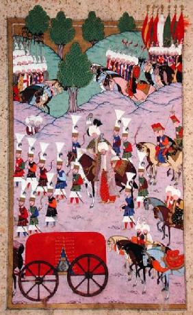TSM H.1524 'Hunername': The Army of Suleyman the Magnificent (1494-1566) Leave for Europe, from the 1588