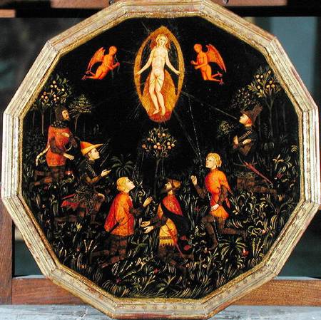 Confinement tray depicting the Triumph of Venus venerated by six legendary lovers: Achilles, Tristan von Scuola pittorica italiana