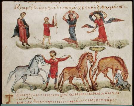 Ms Grec 479 Horse Trainers, illustration from the Halieutica or the Cynegetica by Oppian von Scuola pittorica italiana