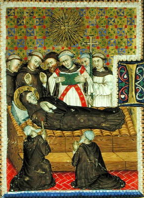 Historiated initial 'B' depicting a Franciscan saint on his death bed (vellum) von Scuola pittorica italiana