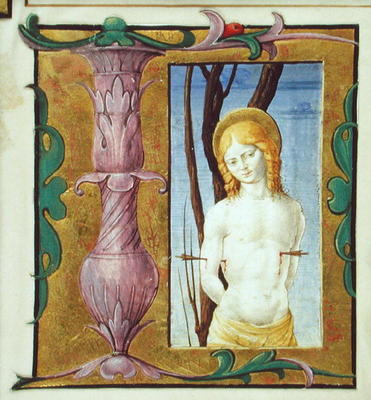 Historiated initial 'L' depicting St. Sebastian (vellum) von Scuola pittorica italiana
