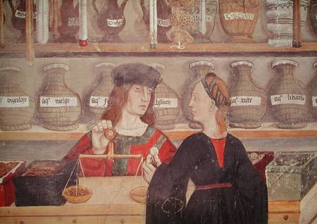 Interior of a Pharmacy, detail of the shopkeeper weighing produce von Scuola pittorica italiana