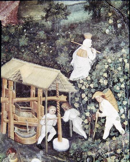 The Month of October, detail of grape-pickers pressing grapes von Scuola pittorica italiana