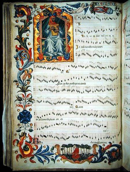 Page of musical notation with historiated initial, produced at the Florentine monastery of S. Maria von Scuola pittorica italiana