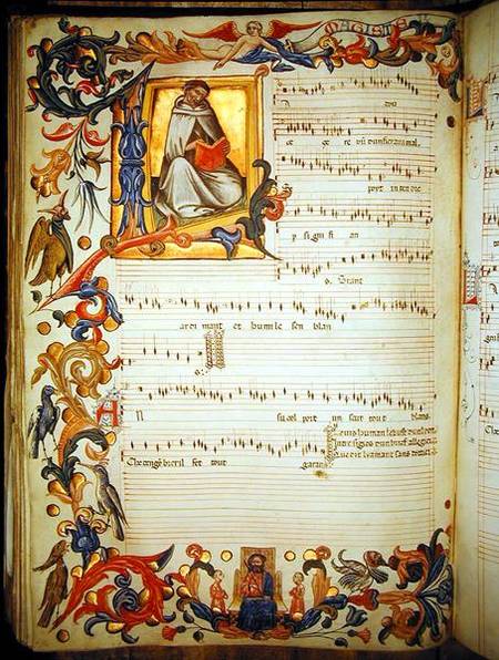 Page of musical notation with a historiated initial, produced at the Florentine monastery of S. Mari von Scuola pittorica italiana