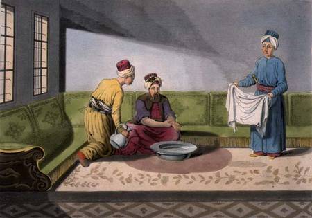 Muslim Performing his Ablutions, plate 34 from Part III, Volume I of 'The History of the Nations', e von Scuola pittorica italiana