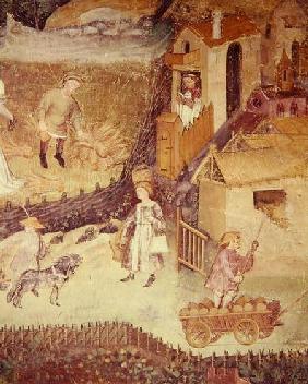 The Month of August, detail of a farm c.1400