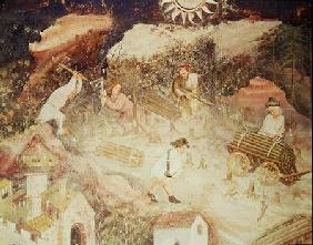 The Month of December, detail of men cutting down trees c.1400