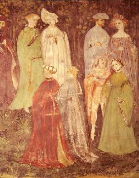 The Month of June, detail of noblemen and women walking c.1400
