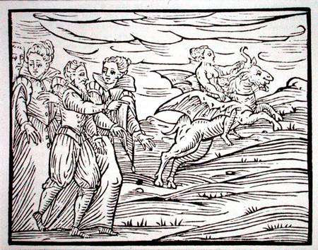 Witch astride a diabolical goat, copy of an illustration from 'Compendium Maleticarum' by Mr F Guacc von Scuola pittorica italiana