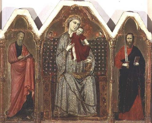 Madonna and Child Enthroned, with SS. John the Evangelist and Paul, Riminese School (triptych panel) von Italian School, (14th century)