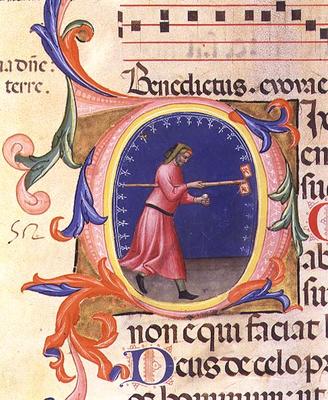Ms 559 f.113v Historiated initial 'O' depicting St. Joseph holding a rod with two flags decorated wi von Italian School, (14th century)