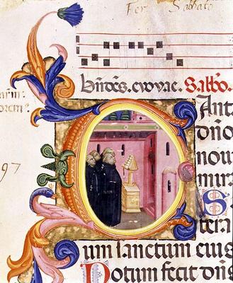 Ms 559 f.176f Historiated initial 'C' depicting monks looking at a text, from the Psalter of Santa M von Italian School, (14th century)