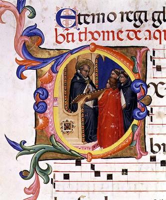 Ms 559 f.285v Historiated initial 'O' depicting a monk at a lectern conversing with other monks, fro von Italian School, (14th century)
