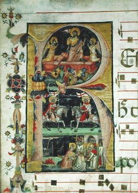 Historiated initial 'R' depicting the resurrection, two knight saints and a bishop saint receiving r 1731