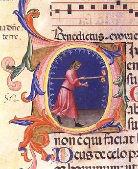 Ms 559 f.113v Historiated initial 'O' depicting St. Joseph holding a rod with two flags decorated wi 1876