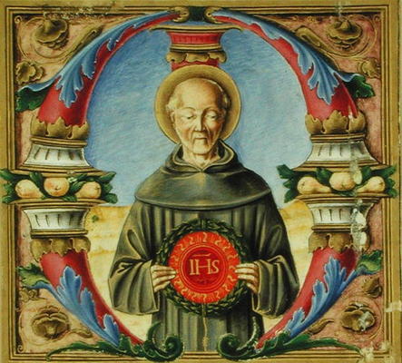 Historiated initial 'M' depicting St. Bernardino of Siena (vellum) von Italian School, (15th century)