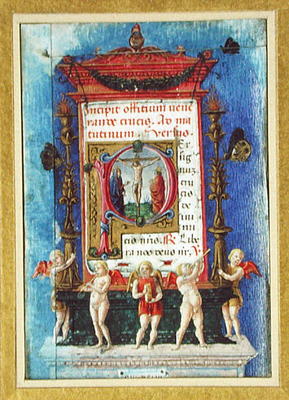 Historiated initial 'P' depicitng the Crucifixion, page from a Book of Hours (vellum) von Italian School, (15th century)