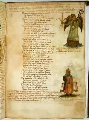 Ms Ital 483 P.4.7 f.157r Virgo and Libra, from the 'Dittamondo' by Fazio degli Uberti (vellum) von Italian School, (15th century)