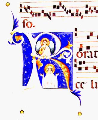 P 23 V Historiated initial 'R' depicting an angel and a female saint (vellum) von Italian School, (15th century)