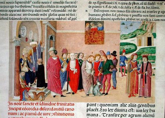 Presentation of the work to the Pope, from 'Decretum Gratiani' (vellum) von Italian School, (15th century)