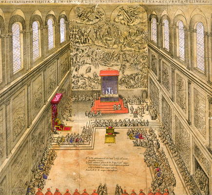 Audience Chapel at the Vatican (colour engraving) von Italian School, (16th century)