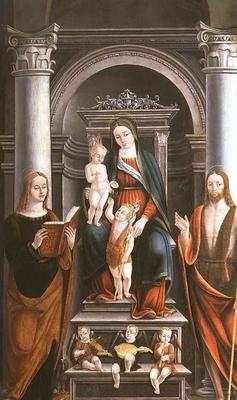 Madonna and Child receiving a rose from the Infant St. John the Baptist, with saints and angels by M von Italian School, (16th century)