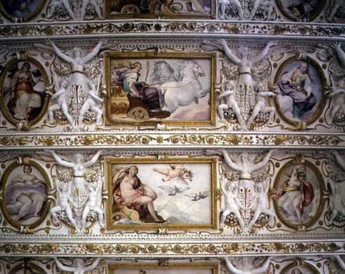 The first floor hall, detail of mythological figures, ceiling decoration, 1568 von Italian School, (16th century)