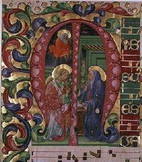 Historiated initial 'M' depicting The Annunciation (vellum) 20th