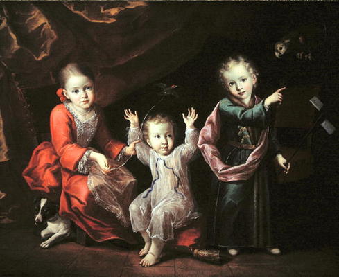 Three Children in an Interior Surrounded by their Pets, c.1680 (oil on canvas) von Italian School, (17th century)