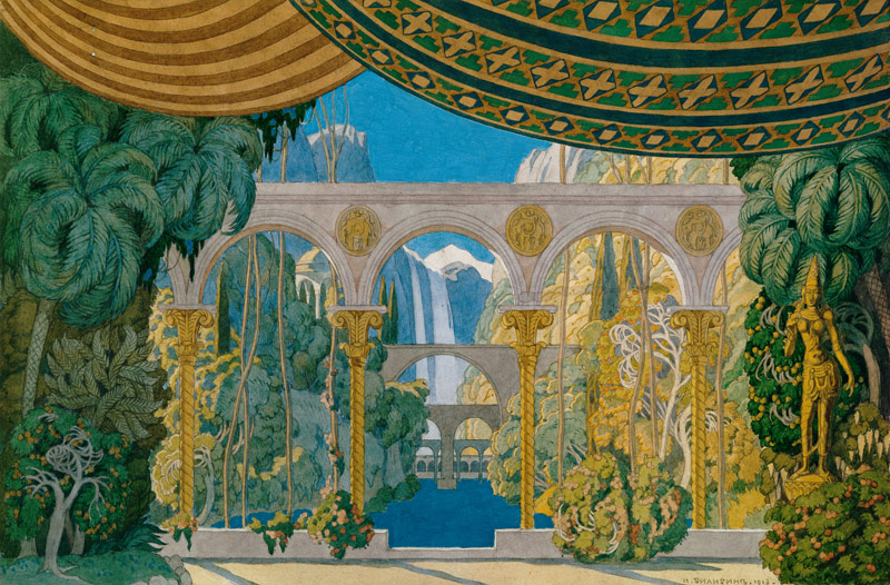 Die Gärten von Tschernomor. Bühnenbildentwurf zur Oper Ruslan und Ljudmila von M. Glinka von Ivan Jakovlevich Bilibin