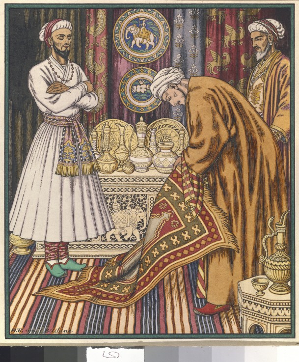 Prinz Ali kauft einen Teppich. Illustration für "Arabische Märchen" von Ivan Jakovlevich Bilibin