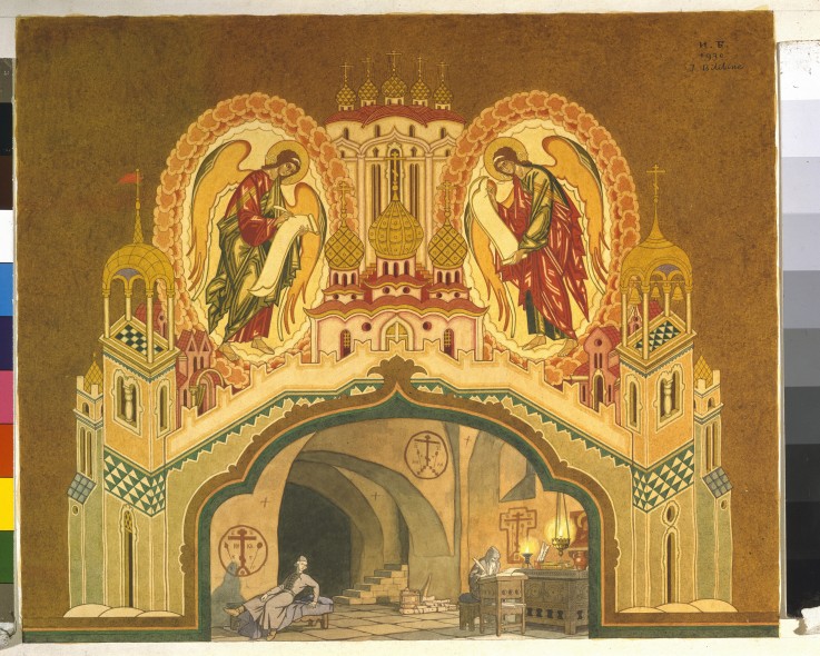Tschudow-Kloster. Bühnenbildentwurf zur Oper Boris Godunow von M. Mussorgski von Ivan Jakovlevich Bilibin