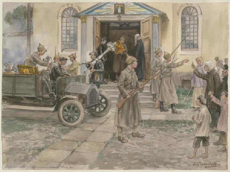 Die Beschlagnahme der Kirchenschätze durch Rotarmisten in Petrograd am 5. Mai 1922 (Aus der Aquarell von Iwan Alexejewitsch Wladimirow