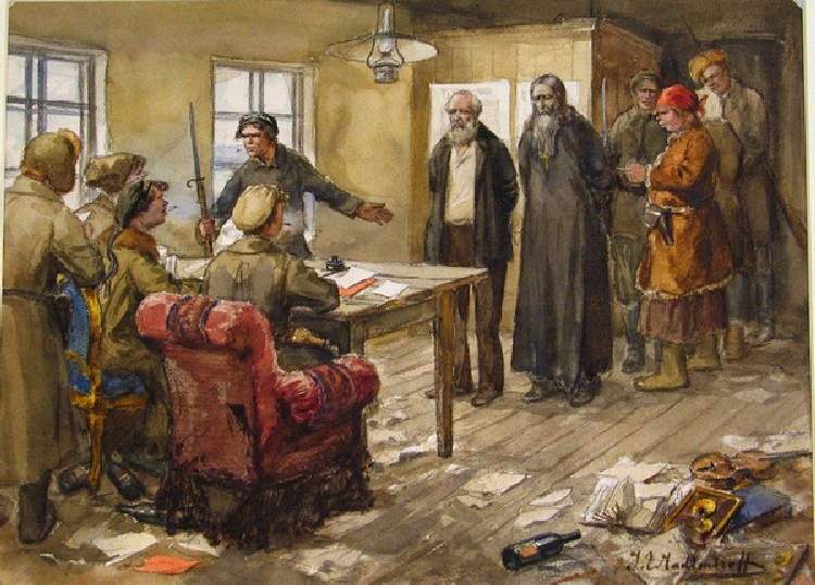 Ein Gutsbesitzer und ein Priester werden vom Revolutionstribunal zum Tode verurteilt (Aus der Aquare von Iwan Alexejewitsch Wladimirow